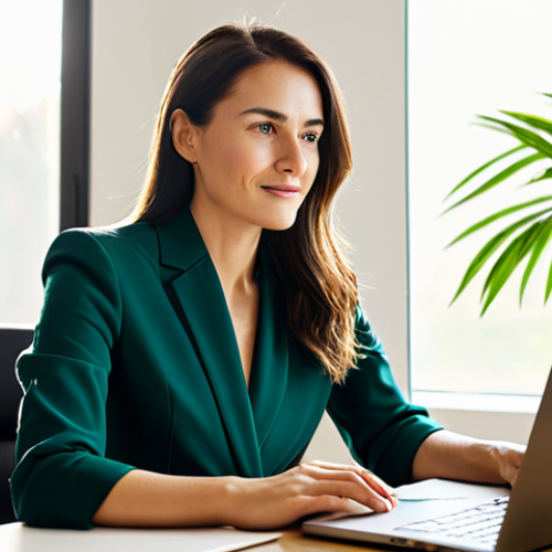 Home 14 A professional woman in a modest business casual outfit, sitting confidently at a clean, modern desk in a brightly lit home office. Warm morning sunlight streams through a large window, illuminating her focused expression as she works on a laptop. The background shows healthy green plants and a sense of calm productivity. perfect anatomy, correct proportions, natural pose, well-formed hands, proper finger count, natural body proportions, fully clothed, modest clothing, appropriate attire, professional dress, safe for work, appropriate content, professional photography, high quality, studio lighting.