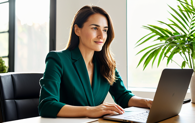 A professional woman in a modest business casual outfit, sitting confidently at a clean, modern desk in a brightly lit home office. Warm morning sunlight streams through a large window, illuminating her focused expression as she works on a laptop. The background shows healthy green plants and a sense of calm productivity. perfect anatomy, correct proportions, natural pose, well-formed hands, proper finger count, natural body proportions, fully clothed, modest clothing, appropriate attire, professional dress, safe for work, appropriate content, professional photography, high quality, studio lighting.