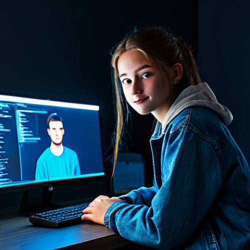 Home 7 **
A teenager in a fully clothed casual outfit (jeans, t-shirt, jacket), sitting at a desk illuminated by the blue light of a computer screen in a darkened room. Focus on the screen glow illuminating their face. Safe for work, appropriate content, fully clothed, professional image, perfect anatomy, correct proportions, natural pose.
**