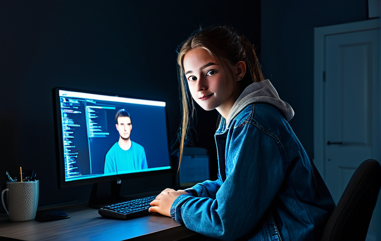 **
A teenager in a fully clothed casual outfit (jeans, t-shirt, jacket), sitting at a desk illuminated by the blue light of a computer screen in a darkened room. Focus on the screen glow illuminating their face. Safe for work, appropriate content, fully clothed, professional image, perfect anatomy, correct proportions, natural pose.
**