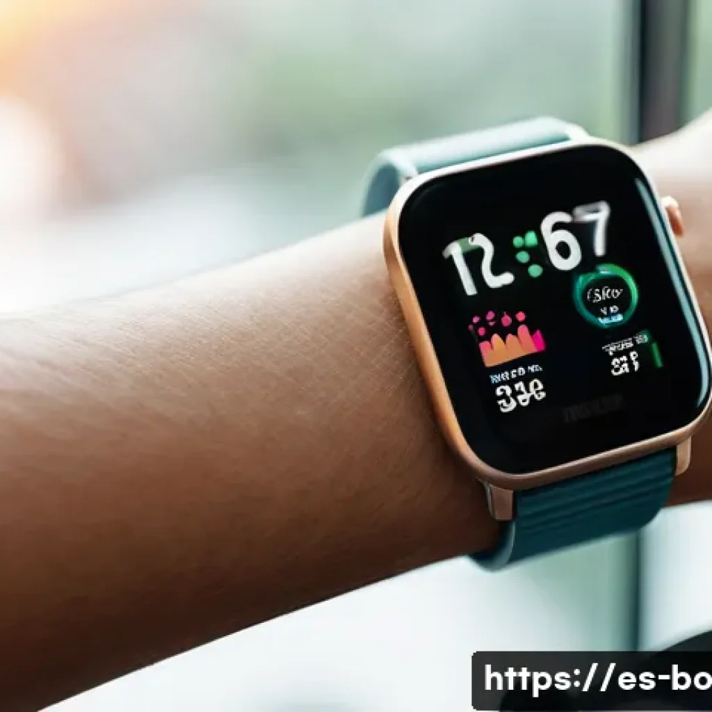 일주기 리듬의 기술적 분석 방법 - A detailed close-up of a modern smartwatch and fitness band worn on the wrist of a young adult, disp...