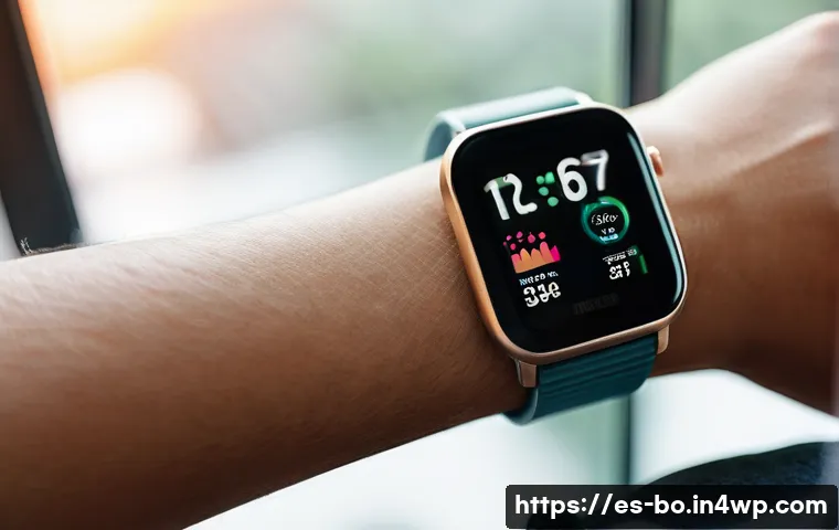 일주기 리듬의 기술적 분석 방법 - A detailed close-up of a modern smartwatch and fitness band worn on the wrist of a young adult, disp...