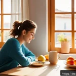 Home 18 일주기 리듬과 소화기 건강의 관계 - A bright, modern Spanish kitchen scene during early morning breakfast time, featuring a young adult ...