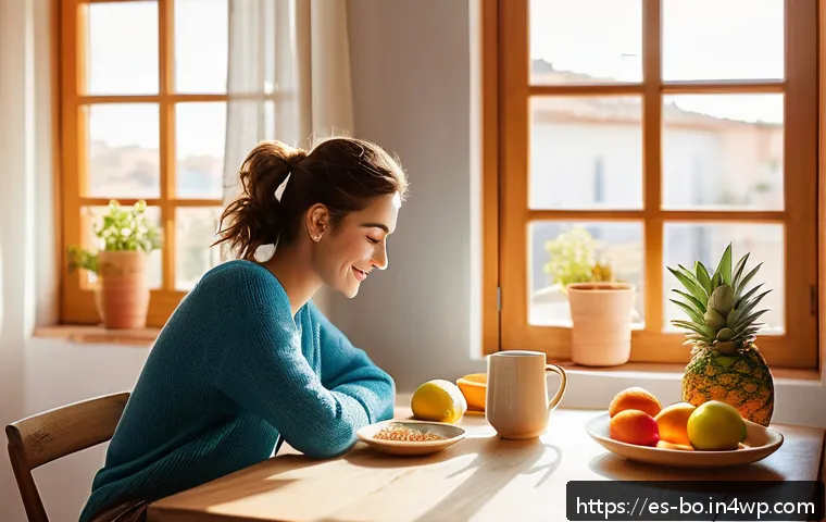 일주기 리듬과 소화기 건강의 관계 - A bright, modern Spanish kitchen scene during early morning breakfast time, featuring a young adult ...