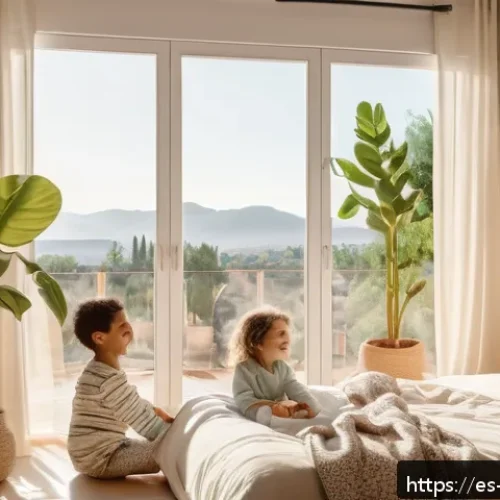 Home 17 가족의 일주기 리듬을 최적화하는 방법 - A warm, sunlit family bedroom scene in a modern Spanish home, early morning light flooding through o...