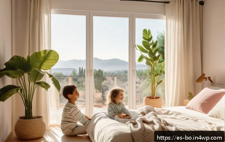 가족의 일주기 리듬을 최적화하는 방법 - A warm, sunlit family bedroom scene in a modern Spanish home, early morning light flooding through o...