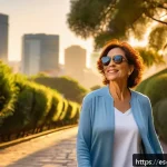 Home 19 수면과 일주기 리듬의 관계 분석 - A serene morning scene featuring a middle-aged Hispanic woman taking a peaceful walk outdoors at sun...