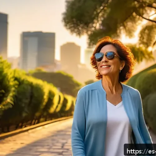 Home 31 수면과 일주기 리듬의 관계 분석 - A serene morning scene featuring a middle-aged Hispanic woman taking a peaceful walk outdoors at sun...