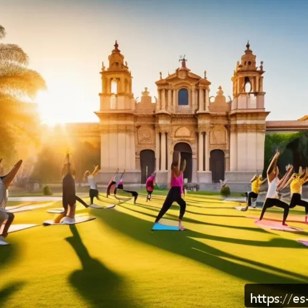 일주기 리듬을 통한 감정 관리 기법 - A vibrant morning scene in a Spanish urban park showing a diverse group of adults practicing yoga an...