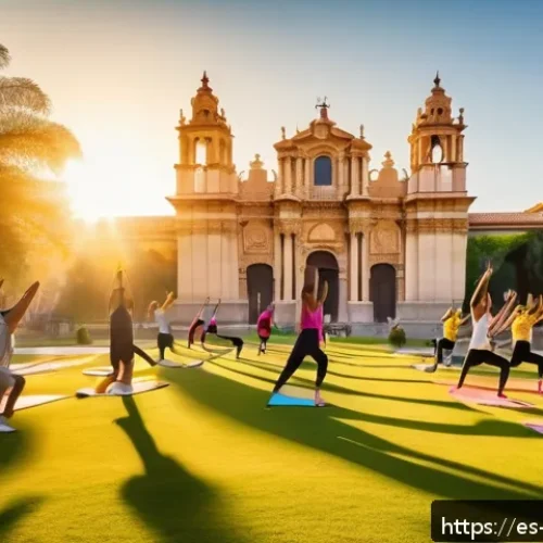 Home 17 일주기 리듬을 통한 감정 관리 기법 - A vibrant morning scene in a Spanish urban park showing a diverse group of adults practicing yoga an...