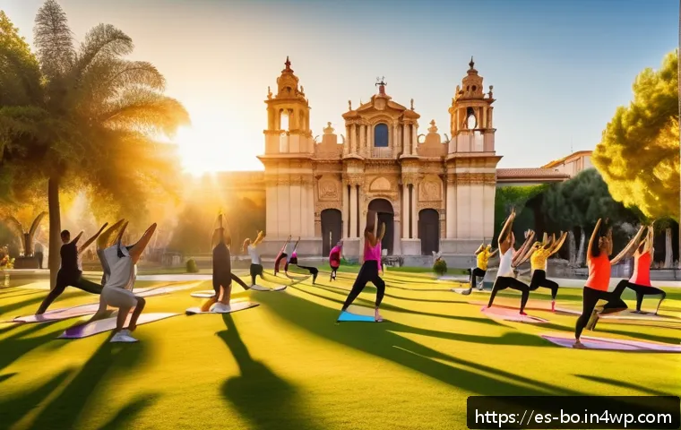 일주기 리듬을 통한 감정 관리 기법 - A vibrant morning scene in a Spanish urban park showing a diverse group of adults practicing yoga an...